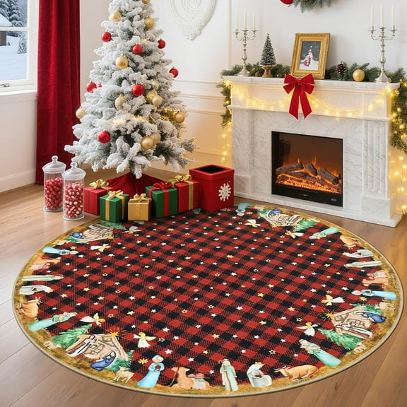Christmas 3ft Round Area Rug Washable Winter Holiday Rugs for Living Room Xmas Bedroom Carpet with Non Slip Backing Festival Decorative Floor Cover for Nursery Playroom, Red