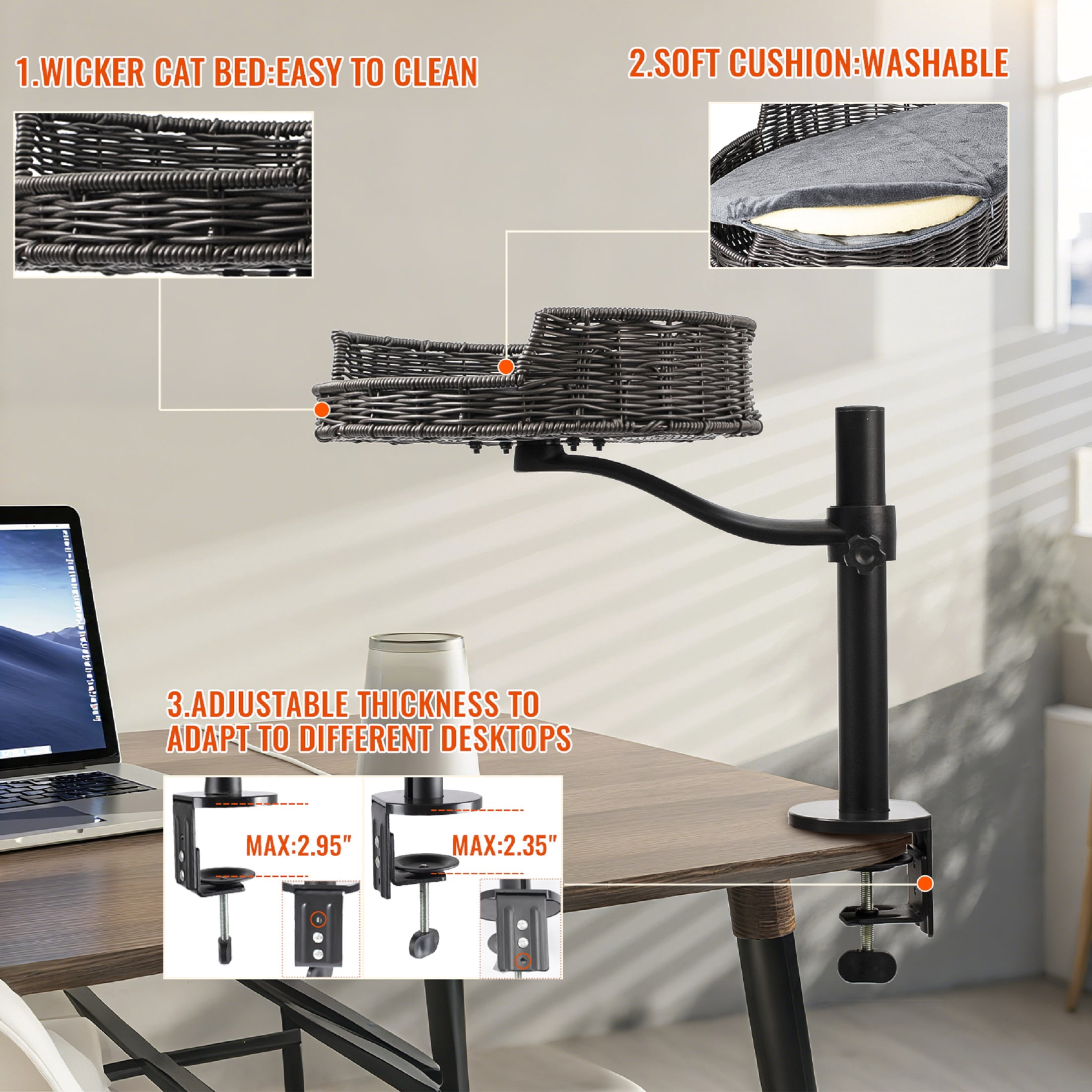 Cat Desk Bed - Kitten Desk Bed with 360° Rotating & Adjustable Height, Elevated Cat Nest Perch for Desk