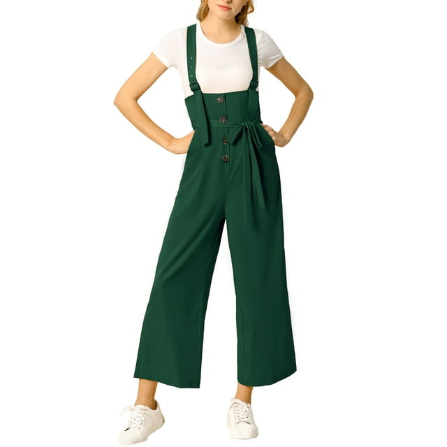 INSPIRE CHIC Combinaison Salopette Droite pour Femme à Boutons devant, Taille Haute, Ceinturée, 2TG Vert Foncé