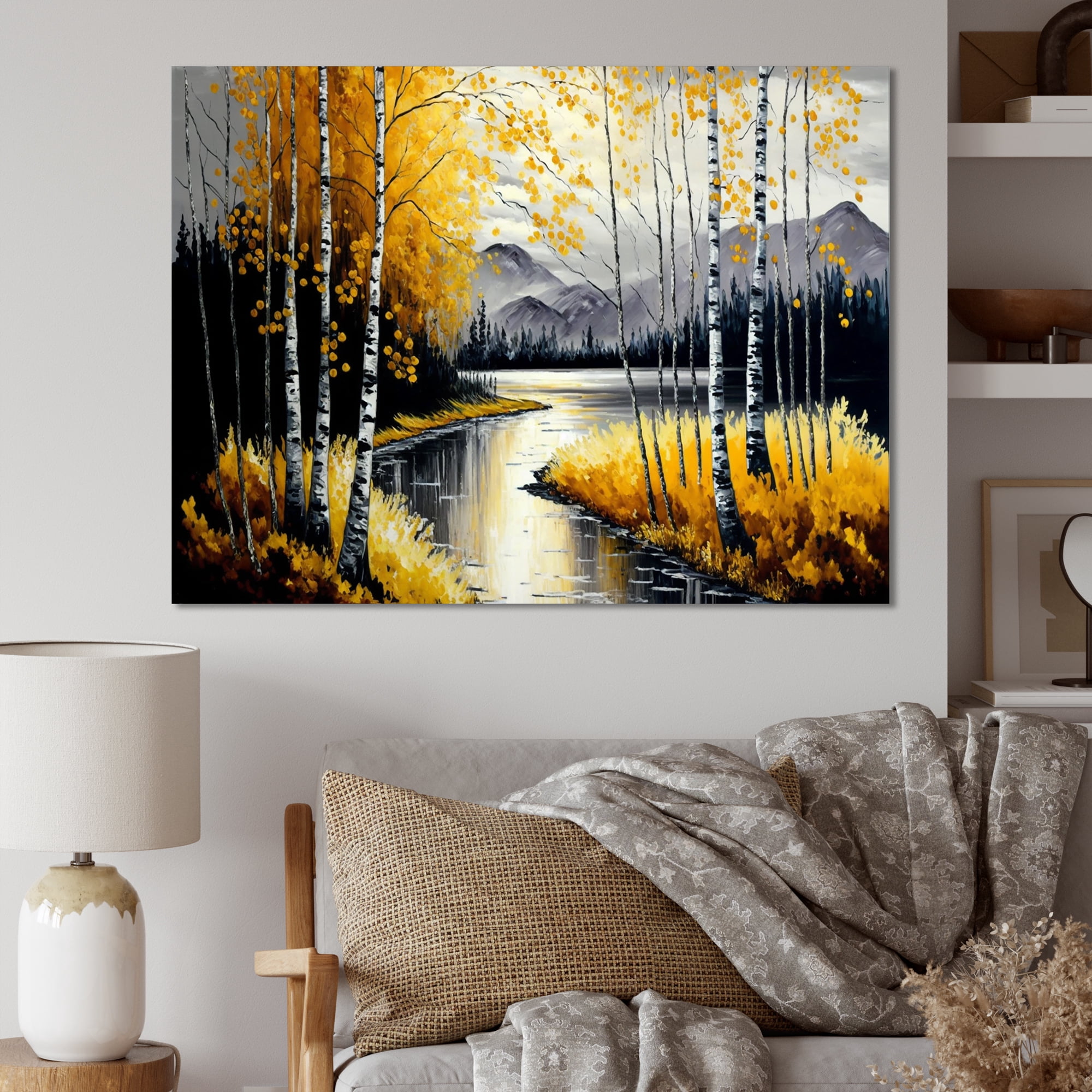 Designart Grey And Yellow Birch Trees By The Lake II Canvas Wall Art