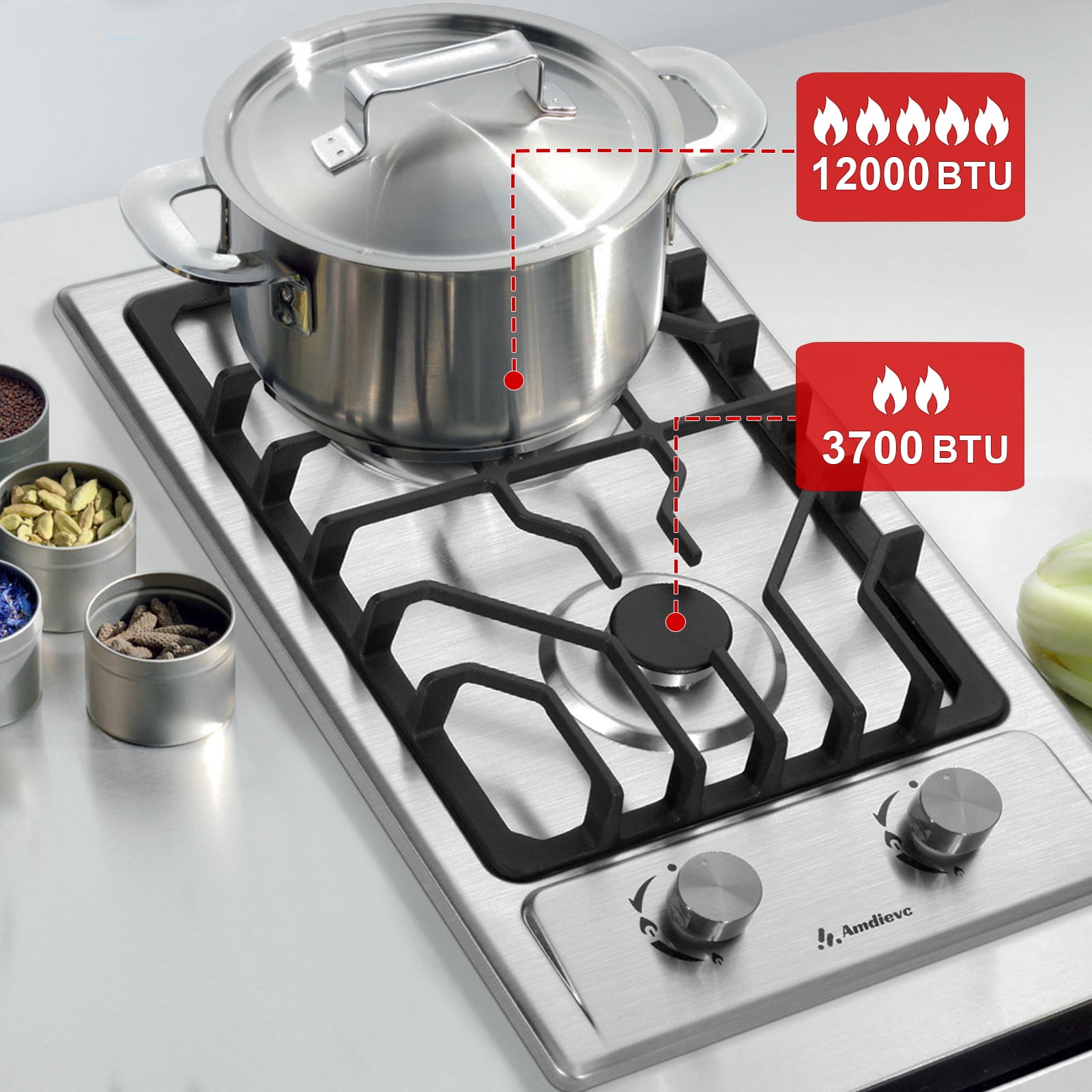 2 Burner Gas Cooktop 12 Inch, Built-in Gas Stove Top Electronic Ignition, Propane Stove 2 Burner, Thermocouple Protection
