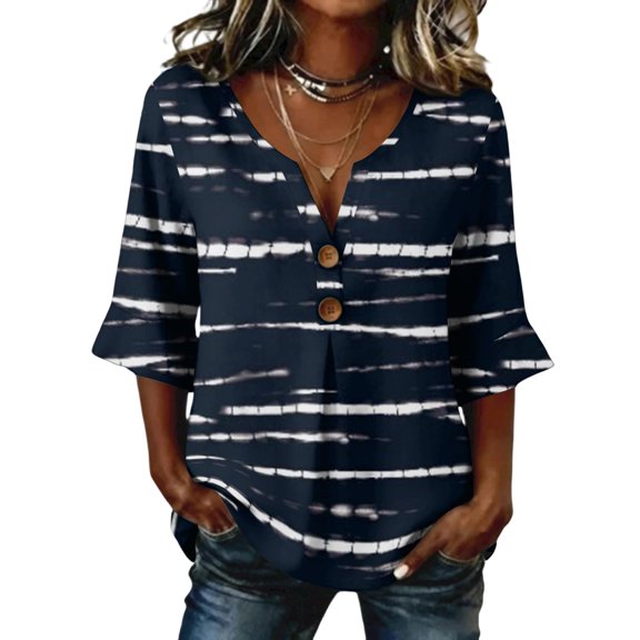 Stralyhd 3/4 Length Sleeve Womens Tops Summer Loose Casual V Neck Henley Blouses Beach Vacation Tops Office Shirts Black XXL