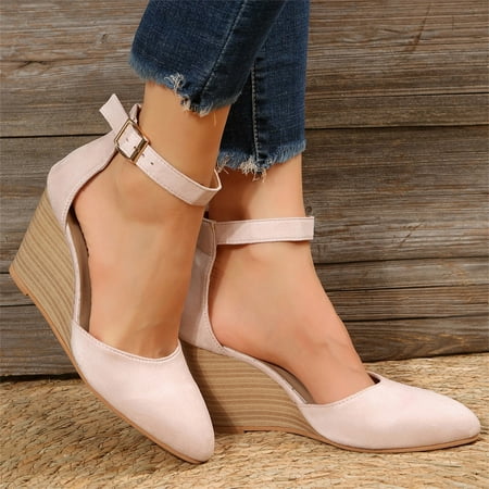 

Cathalem Ladies Fashion Closed Toe Solid Suede Pointed Wedge Heel Thick Bottom Buckle Sandals for Women Memory Foam Sandals Pink 8