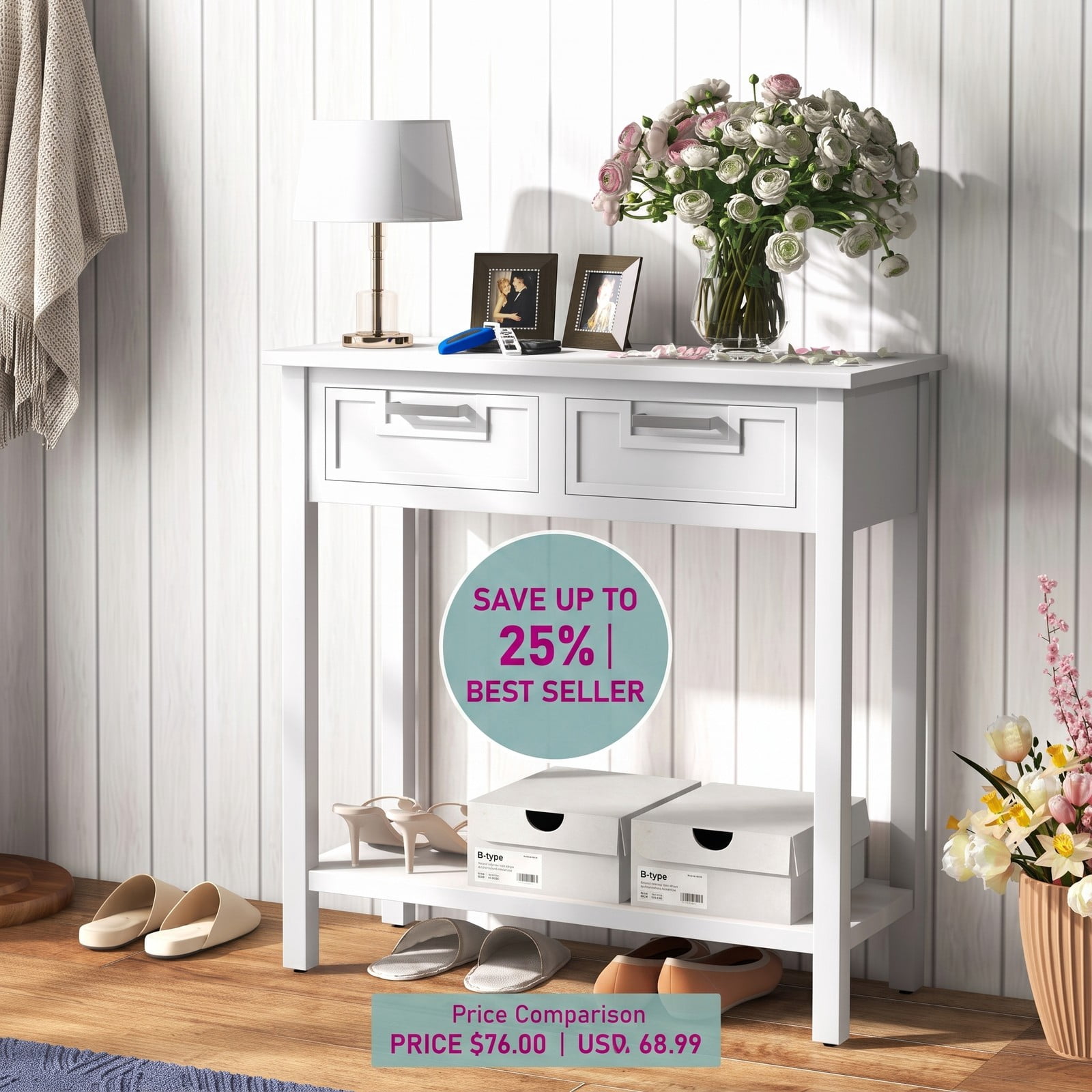 Furnibear Narrow Console Table with 2 Drawers and Open Storage Shelf and Solid Wood Legs for Small Entryway and Foyer, White