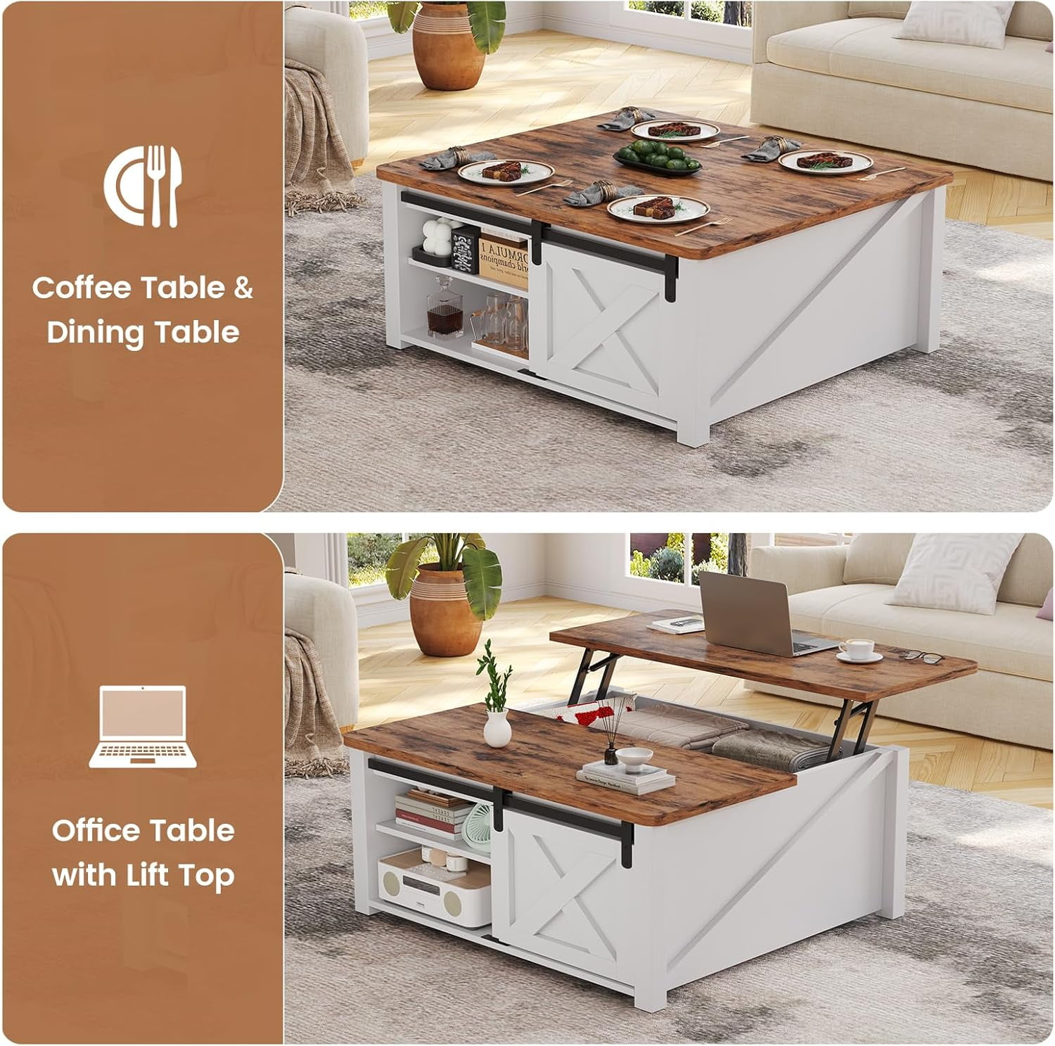 31.5" Square Lift Top Coffee Table, Farmhouse Coffee Table with Ample Storage, Wood Center Table with Sliding Doors and Large Hidden Space for Living Room Home Office, White