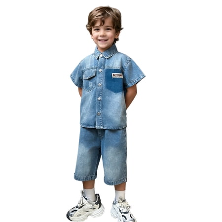 Tfken Summer Outfit Sets For Boys Lapel Neck Solid Color Short Sleeve Denim Tops With Shorts Set Fashion Daily Wear Toddler Classic Outfit Blue Size 4-5 Years