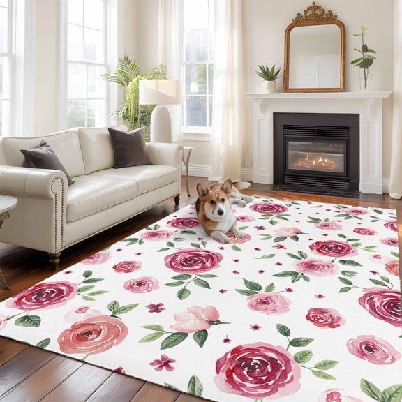 Farmhouse Flower Large Area Rugs 8x10 ft Country Rose Red Floral Leaf Texture Washable Rug Non Slip Indoor Carpet Absorbent Floor Mat for Living Room Bedroom Dining Room