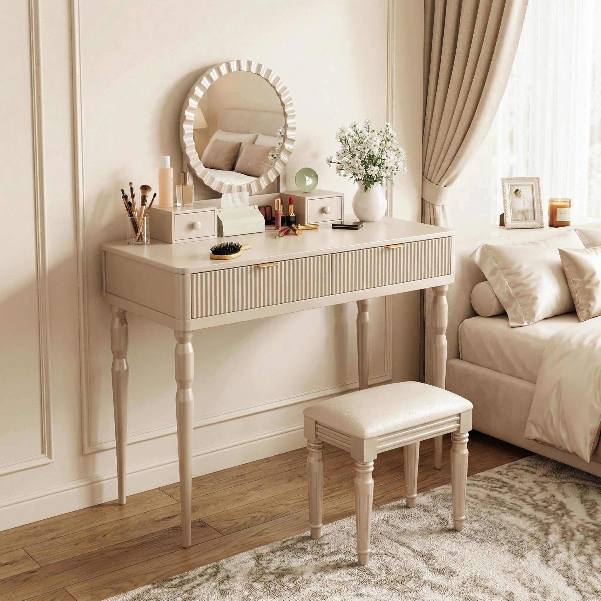 Homy Casa Makeup Vanity Table with Round Mirror, 4 Drawers & Stool, Cream White