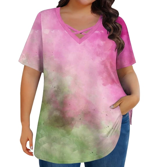 Sexlip Women's Tie Dye V Neck Short Sleeve T Shirt Versatile Design Soft Fabric Daily Casual Wear Pink XL