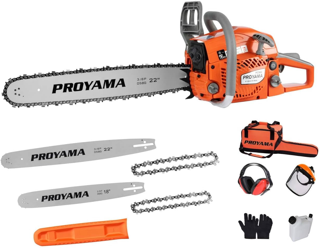 PROYAMA 62CC 2-Cycle Gas Powered Chainsaw, 22 Inch 18 Inch Handheld Cordless Petrol Chain Saw for Tree Wood Cutting