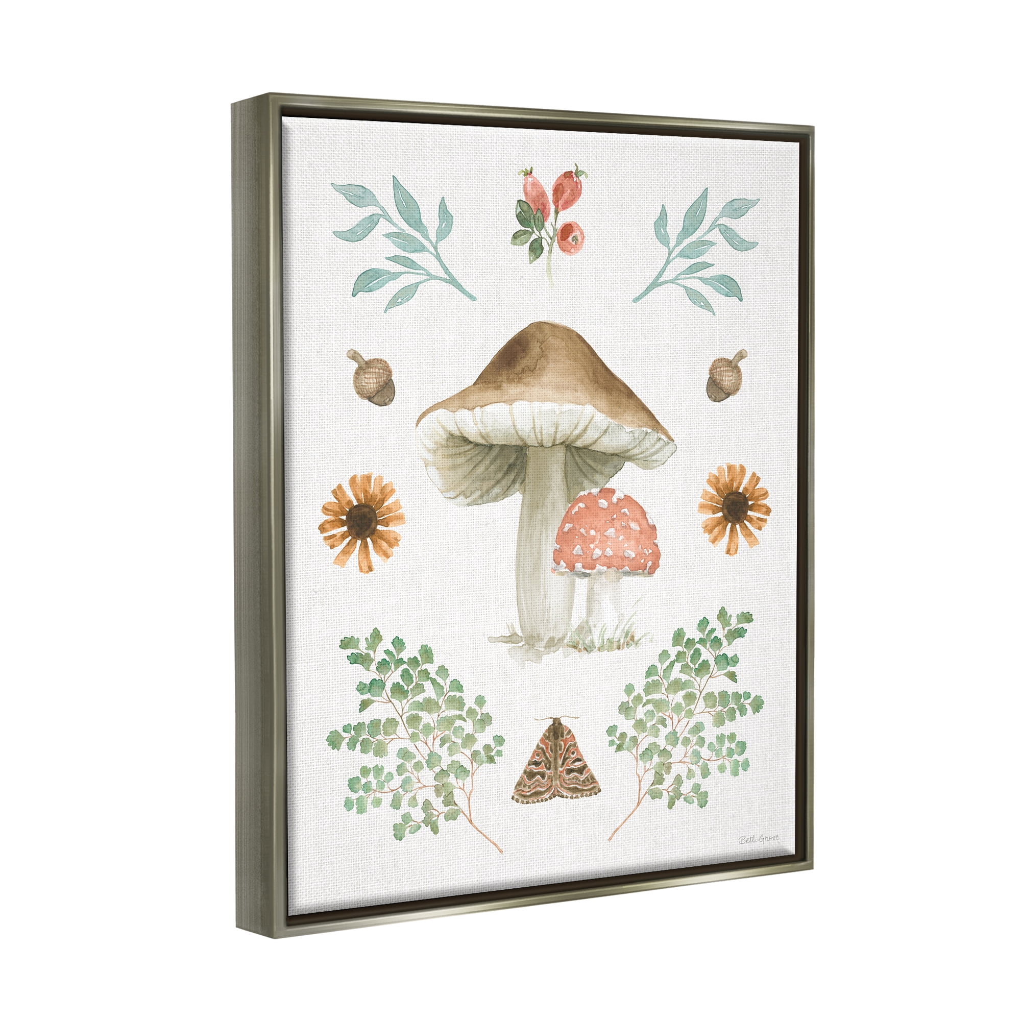 Stupell Industries Moth & Mushrooms Painting Botanical & Floral Painting Gray Floater Framed Art Print Wall Art, 17 x 21