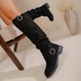 thumbnail image 4 of Suede Knee High Boots Women Slouchy Round Toe Chunky Heel Tall Riding Booties Fashion Buckle Strap Casual Winter Over the Knee Boots Black 7.5, 4 of 6