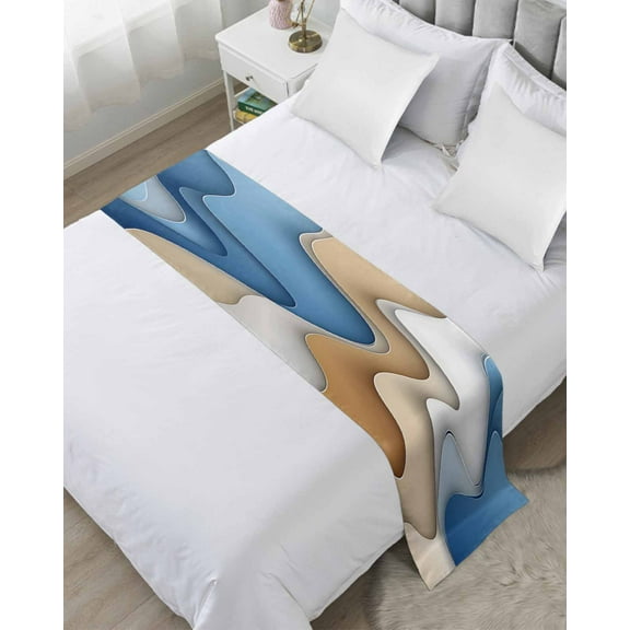 Xipuska Ombre Blue Brown Bed Runners for King Size Bed, Decorative Bed Throws for Foot of Bed, Modernism Geometric Moire Bed Runner Sofa Throw Bedding Scarf Protector Slipcover for Bedroom/Hotel