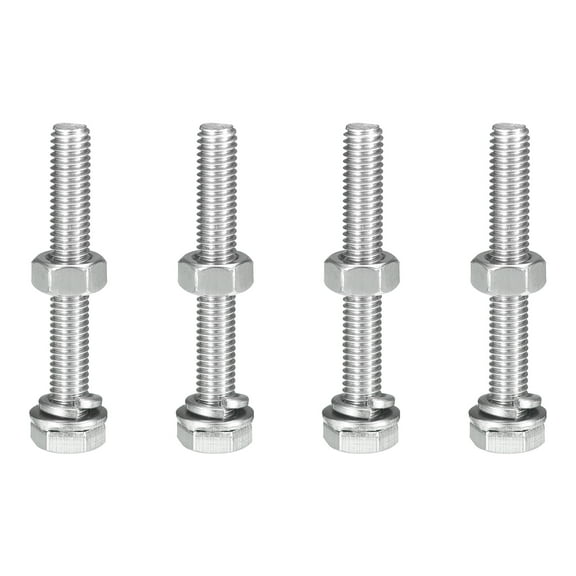 Uxcell M6 x 45mm Hex Head Screws Bolts, Flat & Lock Washers Kits, 304 Stainless Steel Fully Thread Hexagon Bolts 4 Sets