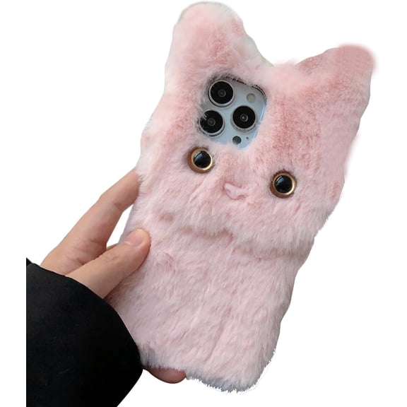 Furry Plush Case for Apple iPhone 7/8/SE2/SE3 Phone Case Fluffy Girls Cute Winter Warm Hair Handmade Cat Cover Shockproof Protective Kawaii Cover for Girls Women(Pink)
