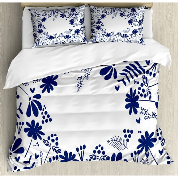 Navy Duvet Cover Set, Botanical Beauty Flower Branches Ferns Leaves Bushes Spring Themed Illustration, Decorative 3 Piece Bedding Set with 2 Pillow Shams, King Size, Indigo White, by Ambesonne