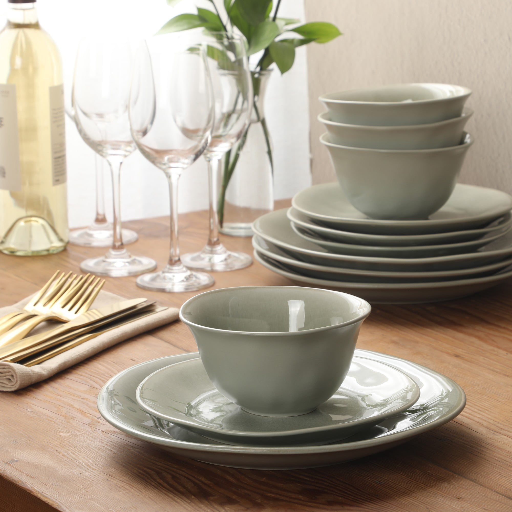Gibson Elite Port Barton 12-Piece Green Stoneware Dinnerware Set