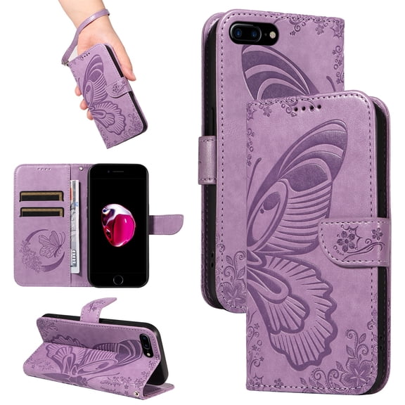 SaniMore Wallet Case for iPhone 8 Plus/7 Plus, PU Leather Embossed Butterfly Flip Folio Cover Card Holder [Kickstand][Wrist Strap] All Arpund Protective Shockproof Shell, Purple
