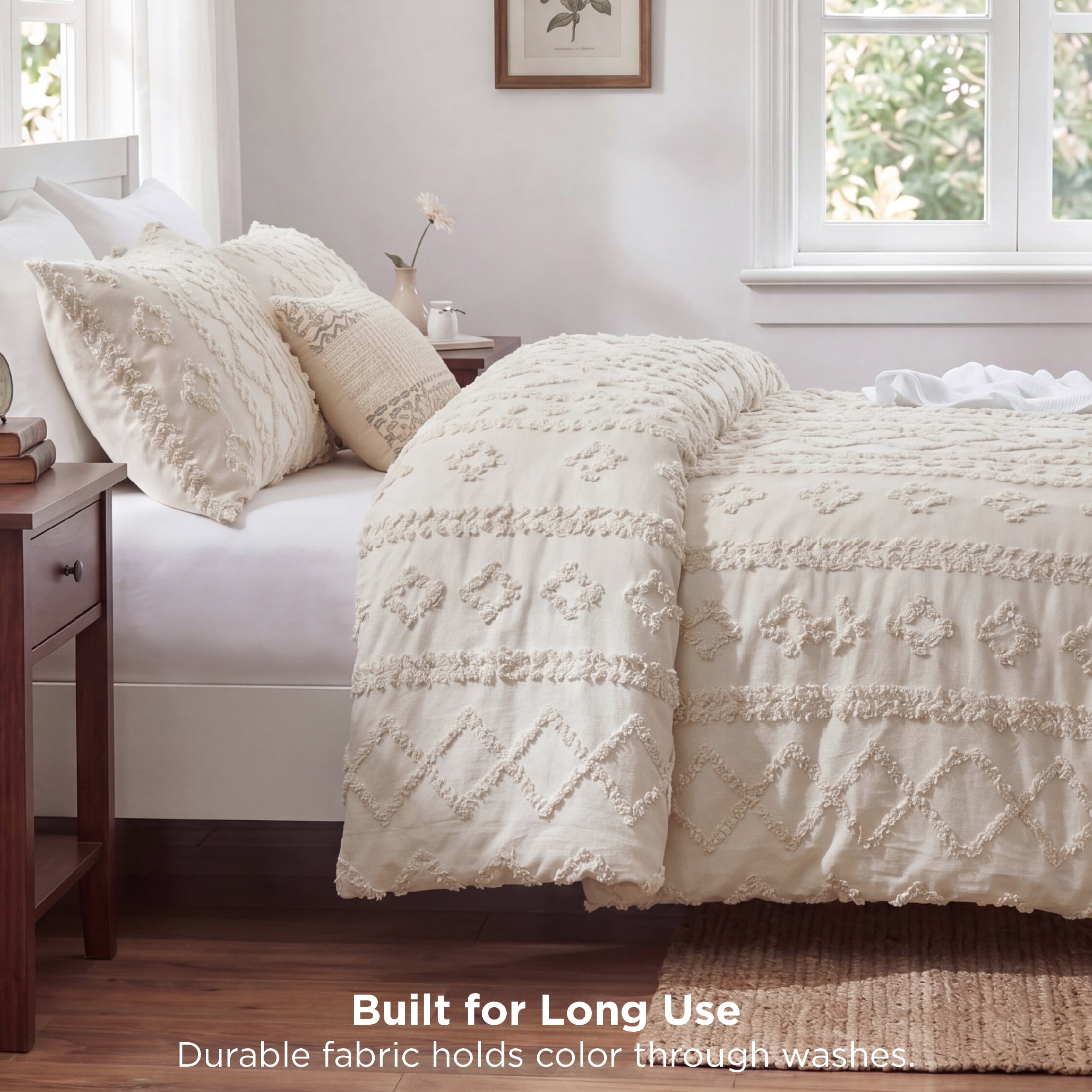 U by Bedsure Tufted Boho Comforter Set Queen, Beige, 3 Pieces Farmhouse Shabby Chic Embroidery Bedding Set, Soft Jacquard Comforter for All Seasons