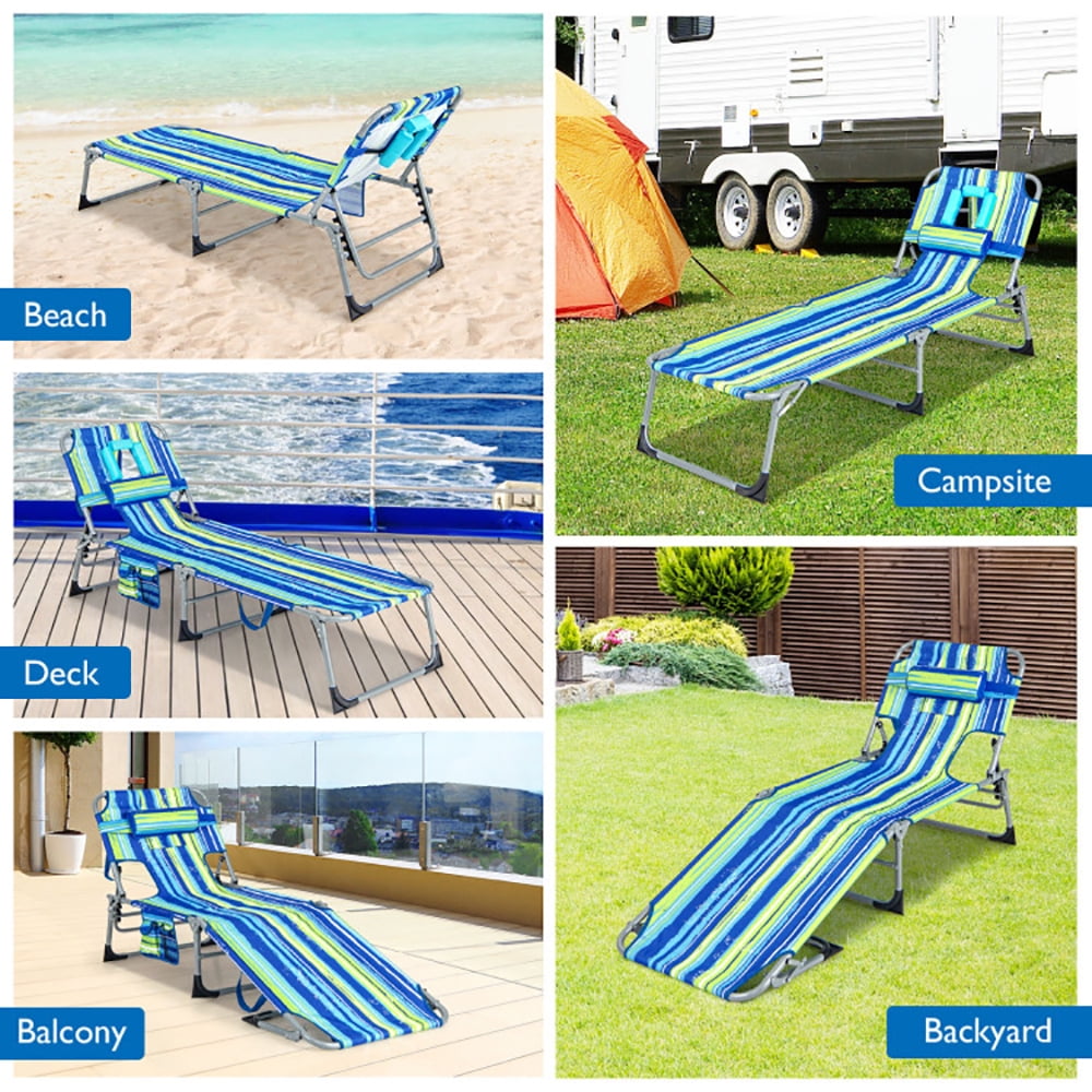 Aimee Lii Folding Beach Lounge Chair with Pillow for Outdoor, Patio Loungers, Blue & Green