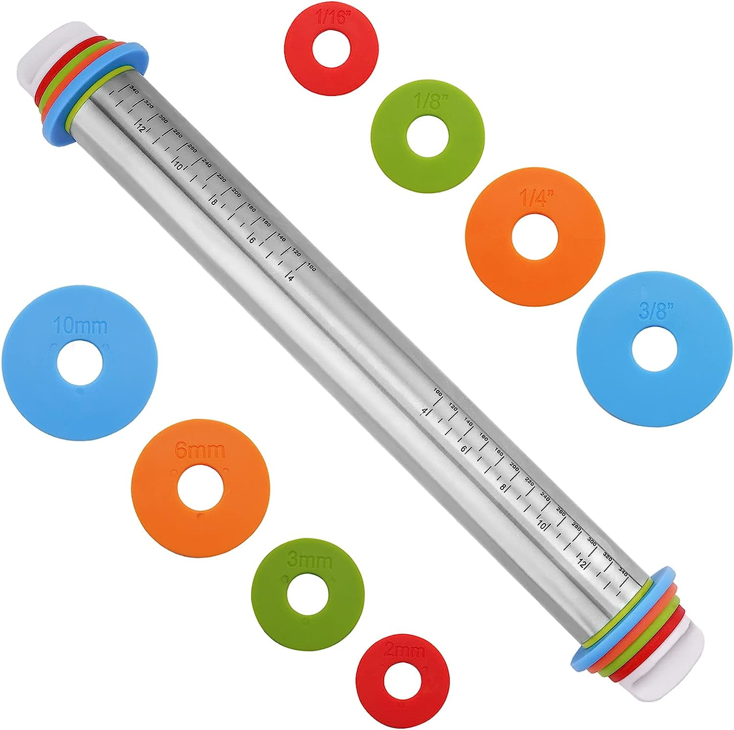 Aguegro Adjustable Thickness Rolling Pin - 13.6" Wooden Pin With 4 Rings (2mm-10mm) For Dough, Pizza, Cookies