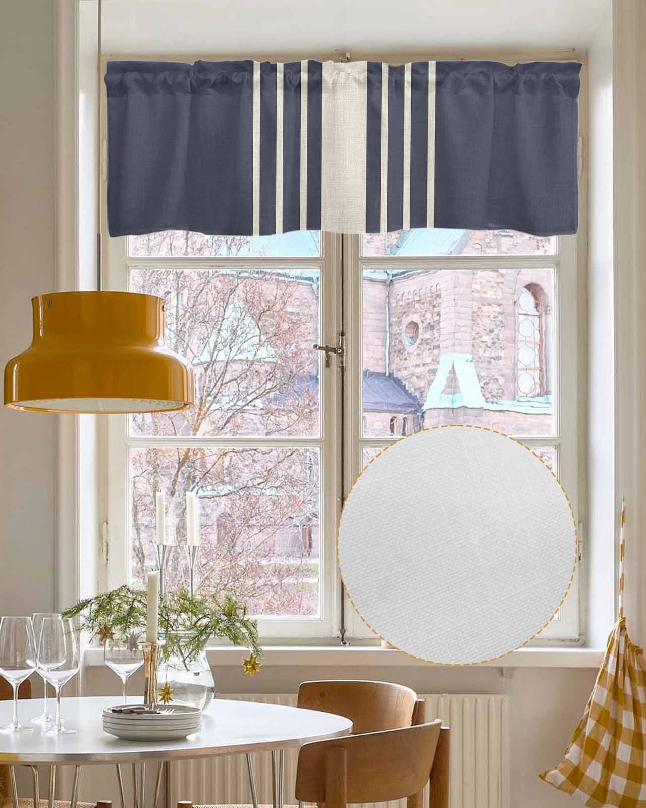 Beige Striped Kitchen Valances for Windows Farmhouse Linen Window Valance Curtain for Living Room Window Treatment Midnight Blue Geometric Simple Retro Valance Rod Pocket Topper Drape, 42 x 18 Inch
