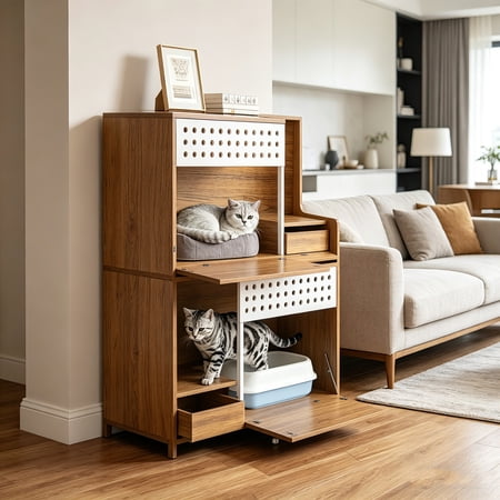 AUU Modern 2-in-1 Cat Furniture Litter Box Enclosure Side Table & Cat House with Storage for 2 Small-Medium Cats