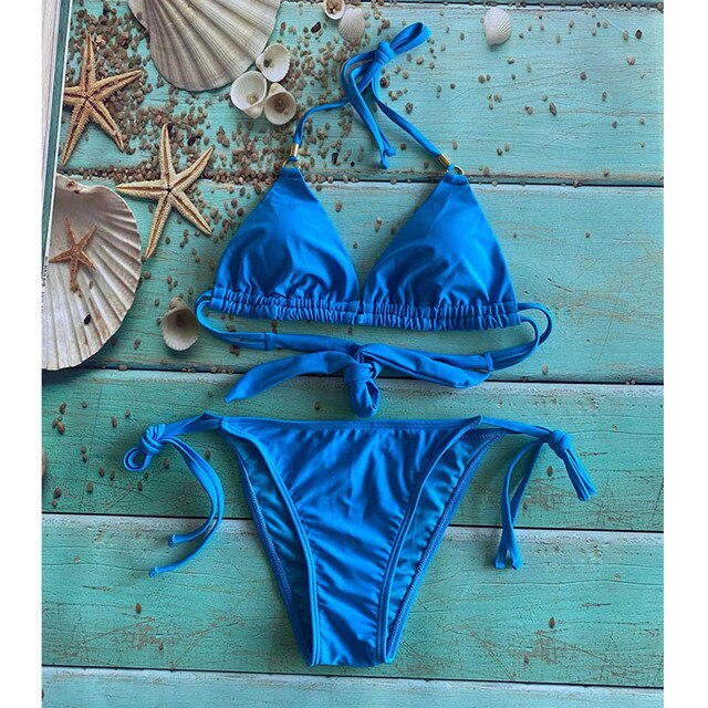 QWZNZGR Solid Halter Bikinis Sexy Push Up Swimwear Women Tong Bathing