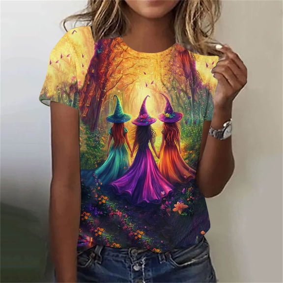 Jsaierl Women's Halloween Shirts Plus Size Witch Print Tees Trendy Going Out Crewneck T-Shirts Short Sleeve Dressy Casual Blouse Tops Halloween Party Supplies,Sizes S-5XL