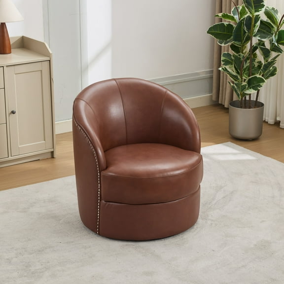 Noble House Leather Swivel Accent Chair, 360° Spin Mid-Century Modern Lounge Chair for Living Room, Brown