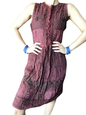 Mogul Women Midi Dress,Bohemian Gypsy Chic Red Stonewashed Rayon Sleeveless Embroidered Summer Midi Dress S