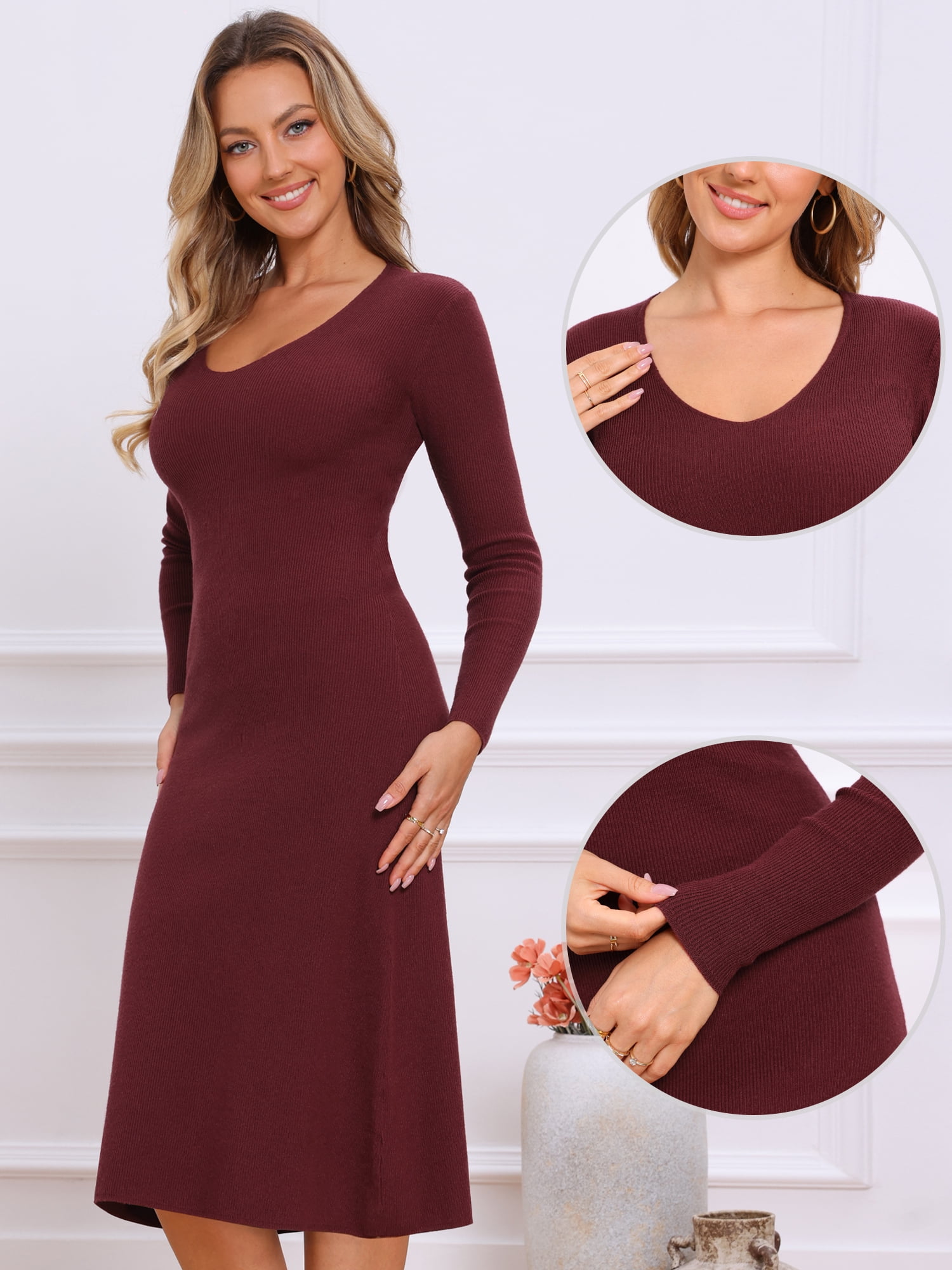 DARING DIVA Women's Sweater V Neck Long Sleeve Ribbed Knit Midi Dress L Burgundy