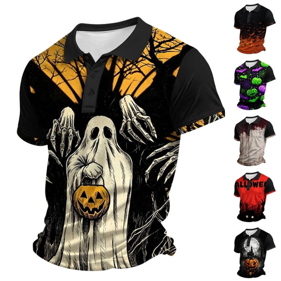 IAJDKMEK Halloween Men's Short Sleeve Polo Shirt - Collared Knit Shirt Breathable Summer Shirt for Holiday Wear, Daily, Golf Shirt & Costume,Black L