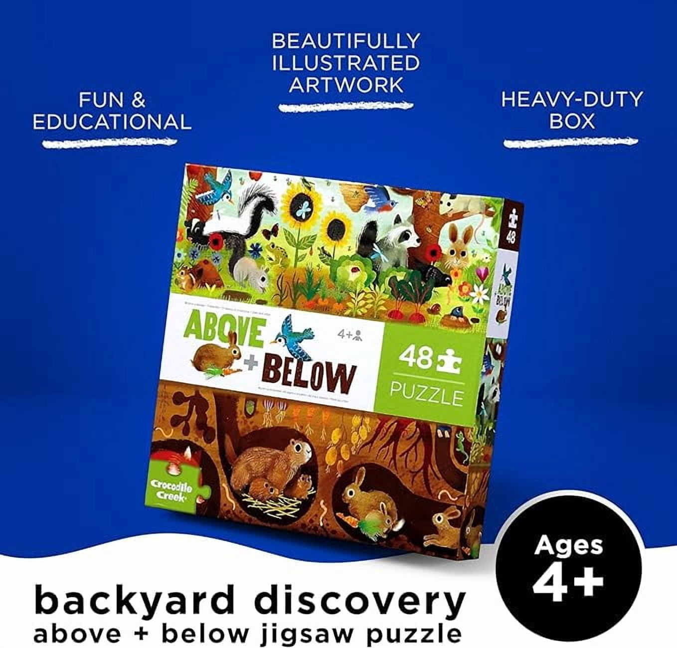 Crocodile Creek Above + Below 48-Piece Jigsaw Floor Puzzle - Fun Floor Puzzles for Kids Ages 4-8 - Heavy-Duty Shaped Box for Storage - Backyard Discovery - 18 x 24 inches Finished