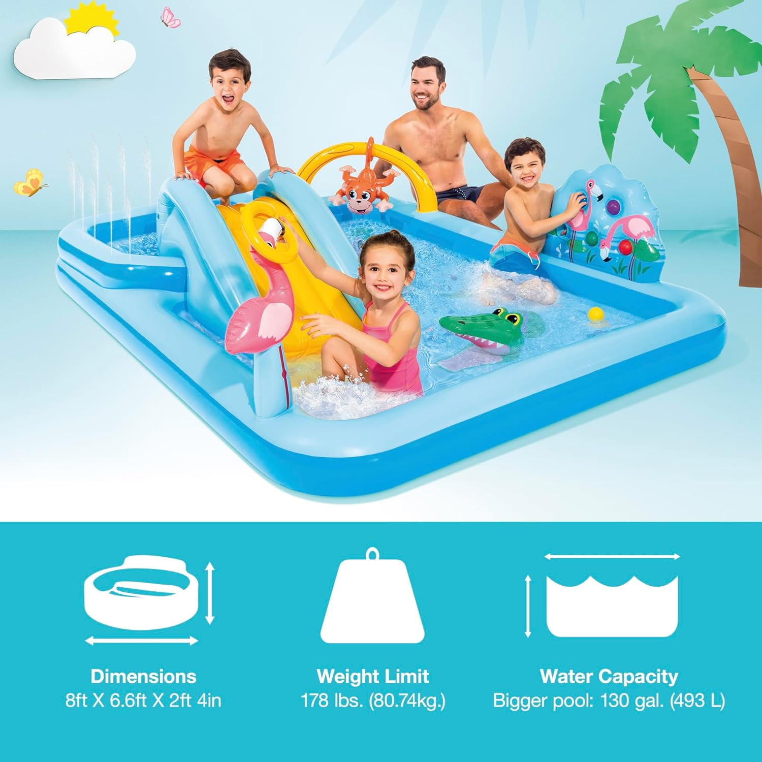 96" x 78" x 28" Inflatable Jungle Adventure Play Center Spray Kiddie Pool - Backyard Kids Water Slide, Outdoor Blow-Up Splash Pad for Toddlers