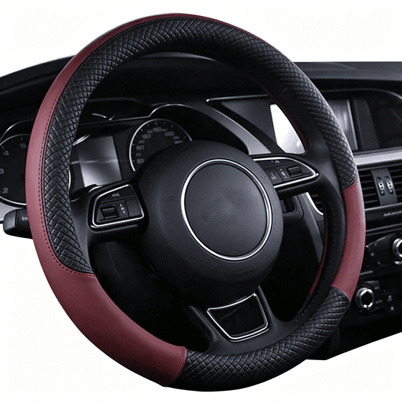 LADYGYM Automotive Leather Steering Wheel Cover Anti Slip Wrap 15",Burgundy Steering Wheel Cover Non-Slip&Durable,Wine Red