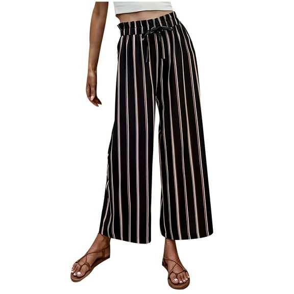 Women's Boho Palazzo Pants Wide Leg Striped Pants High Waisted Lounge Drawstring Pants Casual Holiday Trousers