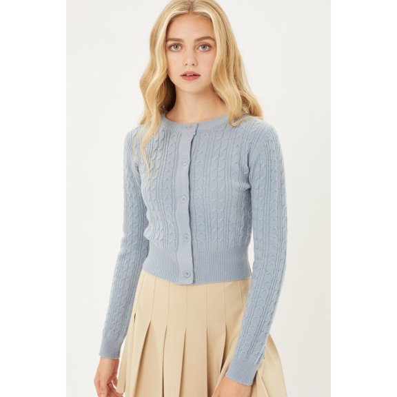 Women Light Blue Buttoned Cable Knit Cardigan Long Sleeve Sweater