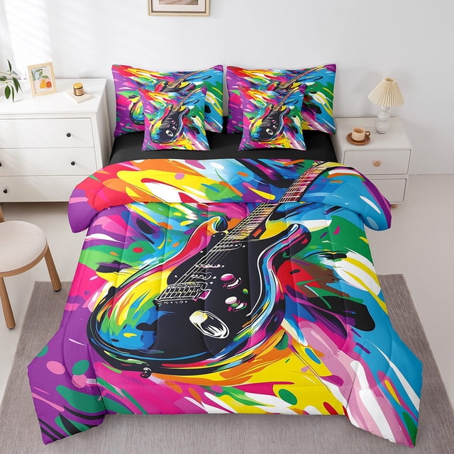 Erosebridal Ensembles de Literie Guitare Électrique Taille Simple, Ensemble de Lit Thème Musical, Décor Graffiti Arc-en-Ciel, Réversible 7 Pcs