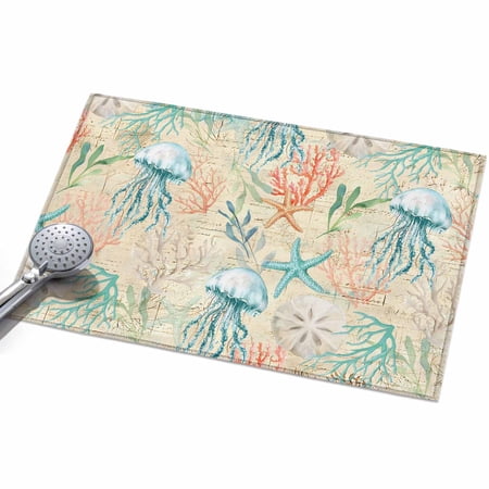 Teal Jellyfish Starfish Area Rugs 2x3ft Summer Beach Coral Shell Vintage Floor Rug Non Slip Low Pile Ultra Soft Throw Carpet for Entryway Indoor Entrance Kitchen Bathroom