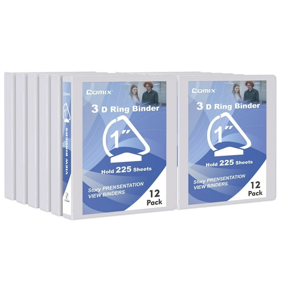 Comix Sturdy 1 inch D-Ring 3 Ring Binder with Clear Cover,Hold 225 Sheets, 12 Pack White 2mm-thick