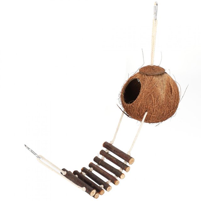Coconut , Bird Coconut Hideaway, With A Metal Hook Bite Resistance Climbing Ladder For Birds