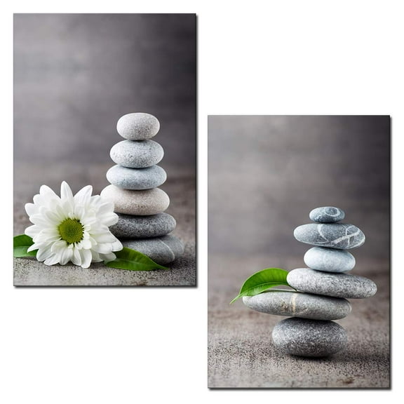 wall26 - 2 Panel Canvas Wall Art - Spa Still Life with Zen Stones and Flower - Giclee Print Gallery Wrap Modern Home Art Ready to Hang - 16"x24" x 2 Panels