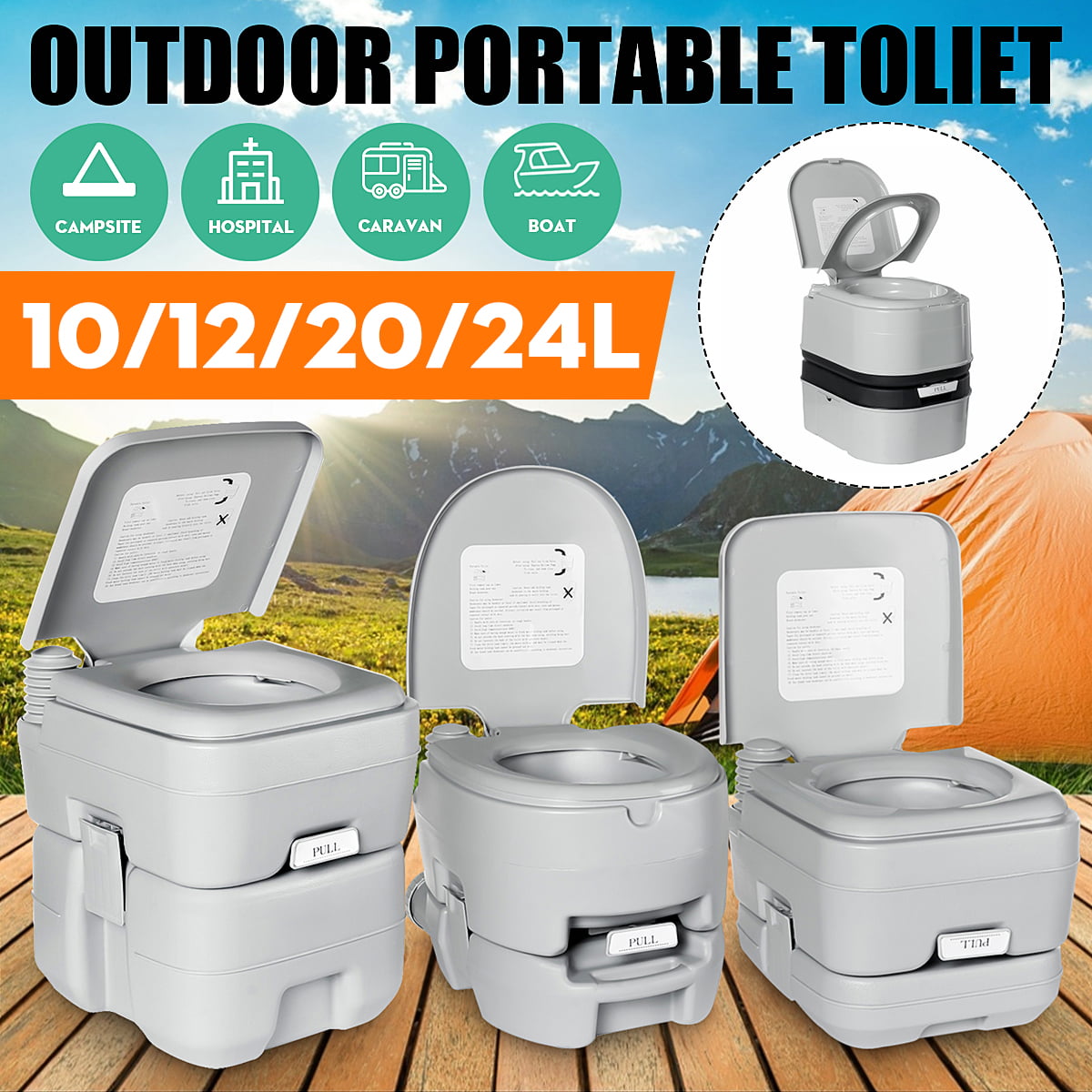 10/12/20/24L Indoor/Outdoor Portable Toilet Commode with Push Button