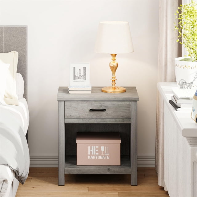 AKDSteel Modern Grey End Table With Drawer, Space-Saving Nightstand For Bedroom Or Nursery With Easy Assembly