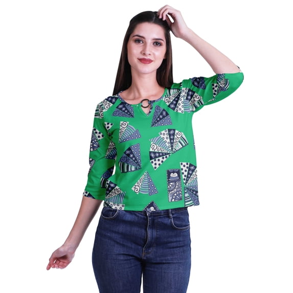 Moomaya Printed Keyhole Neck Ring Top Casual 3/4th Sleeve Tees Tank Tunic Top