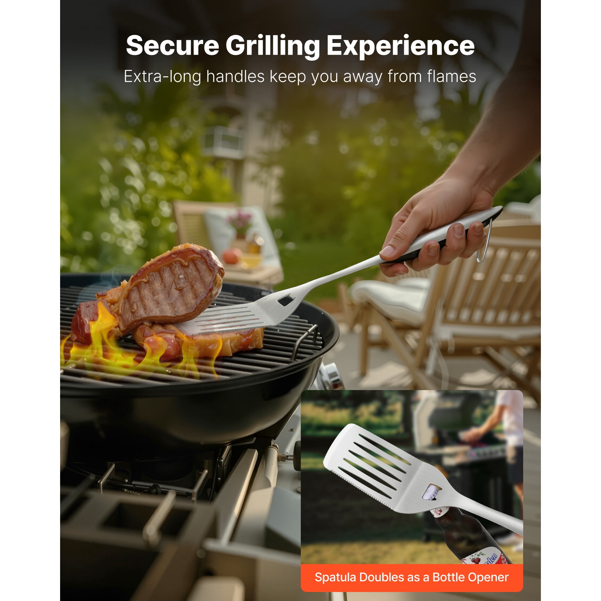 KFFKFF 4-Piece BBQ Grill Tool Set, Durable Stainless Steel Grilling Utensils with Tongs, Spatula, Fork, and Brush, Ideal for Outdoor Cooking and Gifting