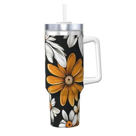 

Zeuib Yellow White Daisy Pattern Printed Insulated Stainless Steel Hot/Cold Coffee Cup 40oz Ice Bully With Handle Tumbler with Straw and Handle Insulated Water Bottle Travel Mug Cup