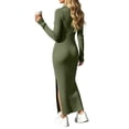 thumbnail image 6 of Tqcoqu Women's Solid Ribbed Knit Maxi Dresses,Lapel V Neck Long Sleeve Slim Fit Dress,Side Slit Business Elegant Maxi Dress,Army Green Women's S-XXL, 6 of 7