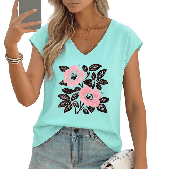 UNISHE Women's Pink Floral with Black Leaves Art Print V-Neck Sleeveless T-Shirt Casual Breathable Summer Tank Top